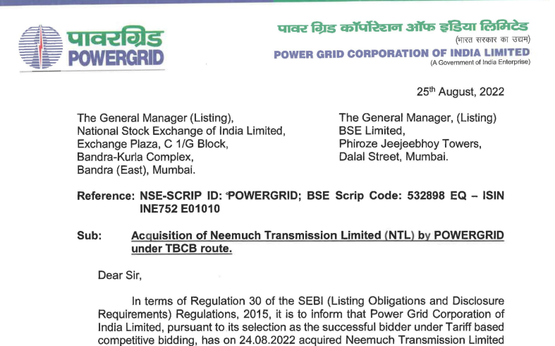 Acquisition of Neemuch Transmission Limited (NTL) by POWERGRID under TBCB route