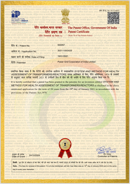 patent for an invention entitled System and Method for Health Assessment of Transformers/Reactors for POWERGRID Asset Life Management System.