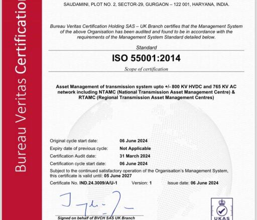 POWERGRID has received ISO 55001:2014 certificate for Asset Management.