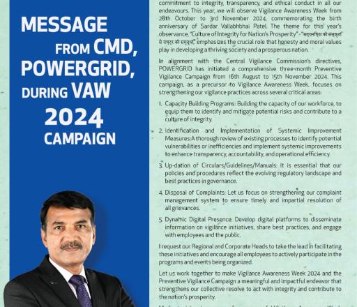 Message from CMD, POWERGRID, during VAW 2024 Campaign